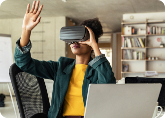 A woman experiencing the future of healthcare through a Virtual Reality headset